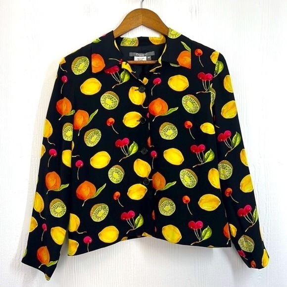 Maggy L - Bright Colorful Fruit Long Sleeve Button Down Silk Top Size 6 Petite - Picture 9 of 13